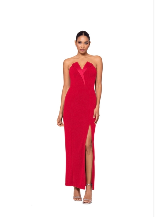Betsy & Adam Dresses & Skirts - Betsy & Adam Strapless Notched Red Evening Gown with High Slit Sz 6